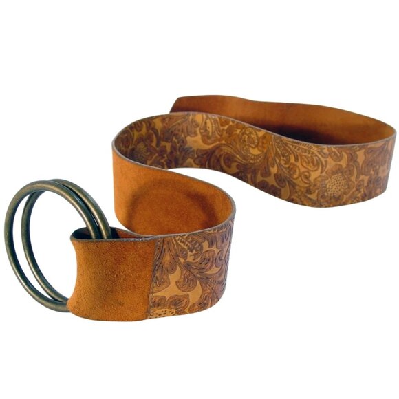 STREETS AHEAD Wide Floral Embossed Leather Belt Women's S - Made in USA - Picture 7 of 8